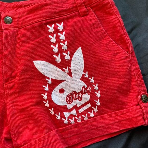 Vintage Playboy Logo Low Rise Red Denim Shorts Y2K